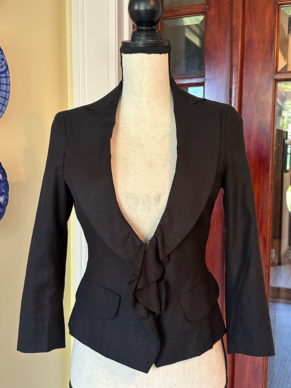 New York & Co. | Y2K Black Linen Blend Ruffle Front Blazer Jacket, Size 2